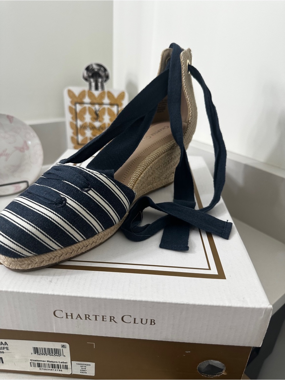 Charter Club Navy and White Striped Espadrille Wedge with Ankle Ties